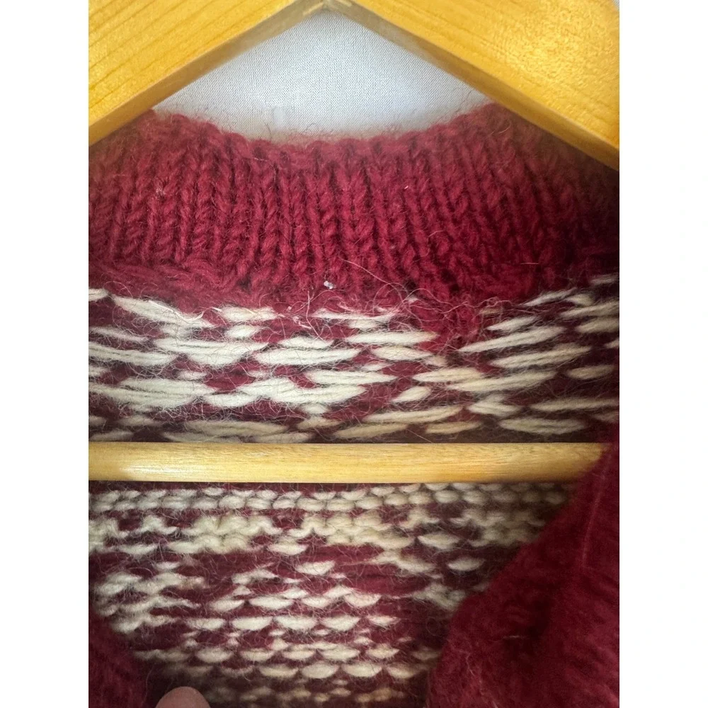 Handmade Wool Fair Isle Nordic Henley Sweater Burgundy Cream XL
